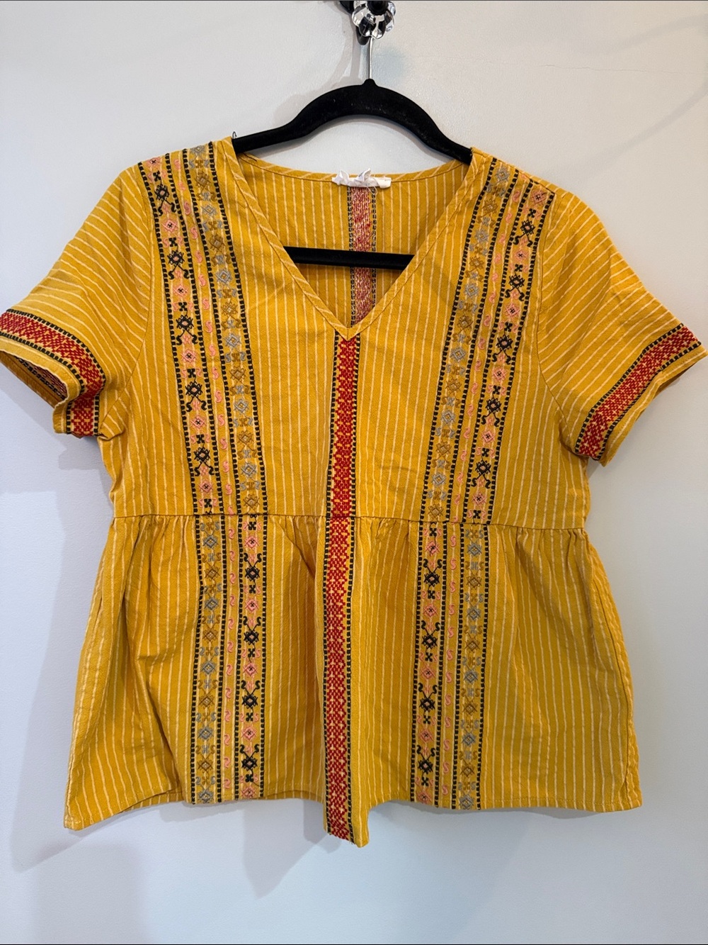 THML Mustard Yellow Embroidered Peplum V-Neck Top fall boho pumpkin patch S